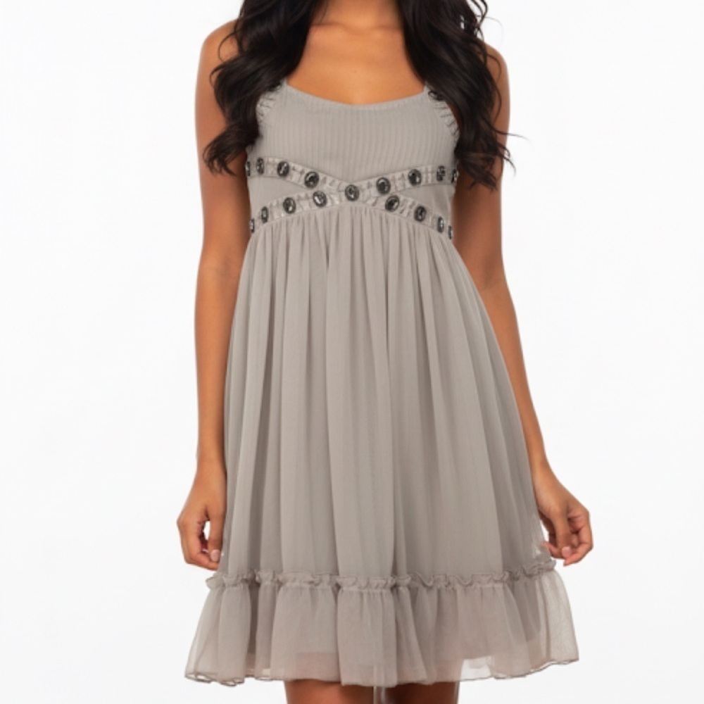 Elegant Women's Gray Formal Dress with Beaded Details